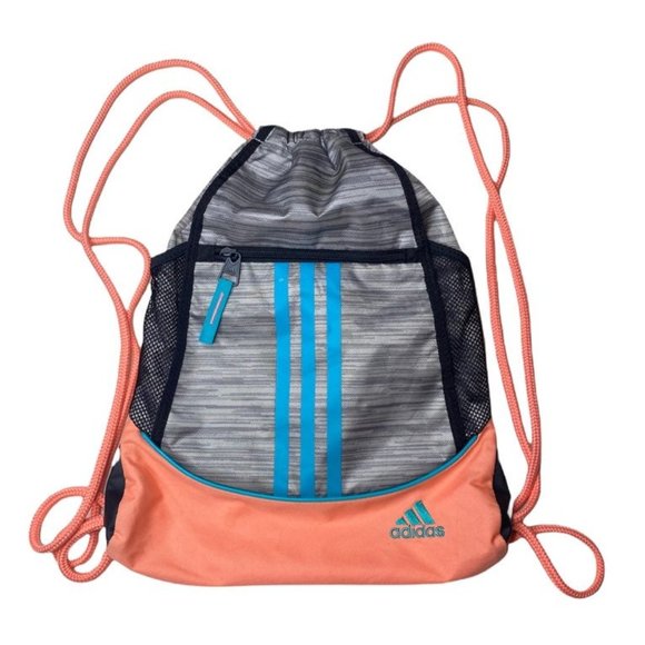 Adidas Coral Orange, Grey, and Light Blue Drawstring Backpack.